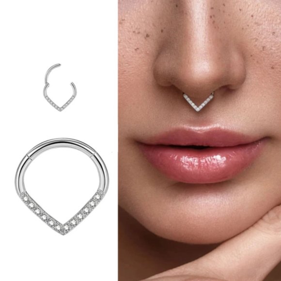 Implant Grade Titanium Hinged Segment Nose Ring Septum Hoop Ring Single Line CZ - Picture 4 of 9